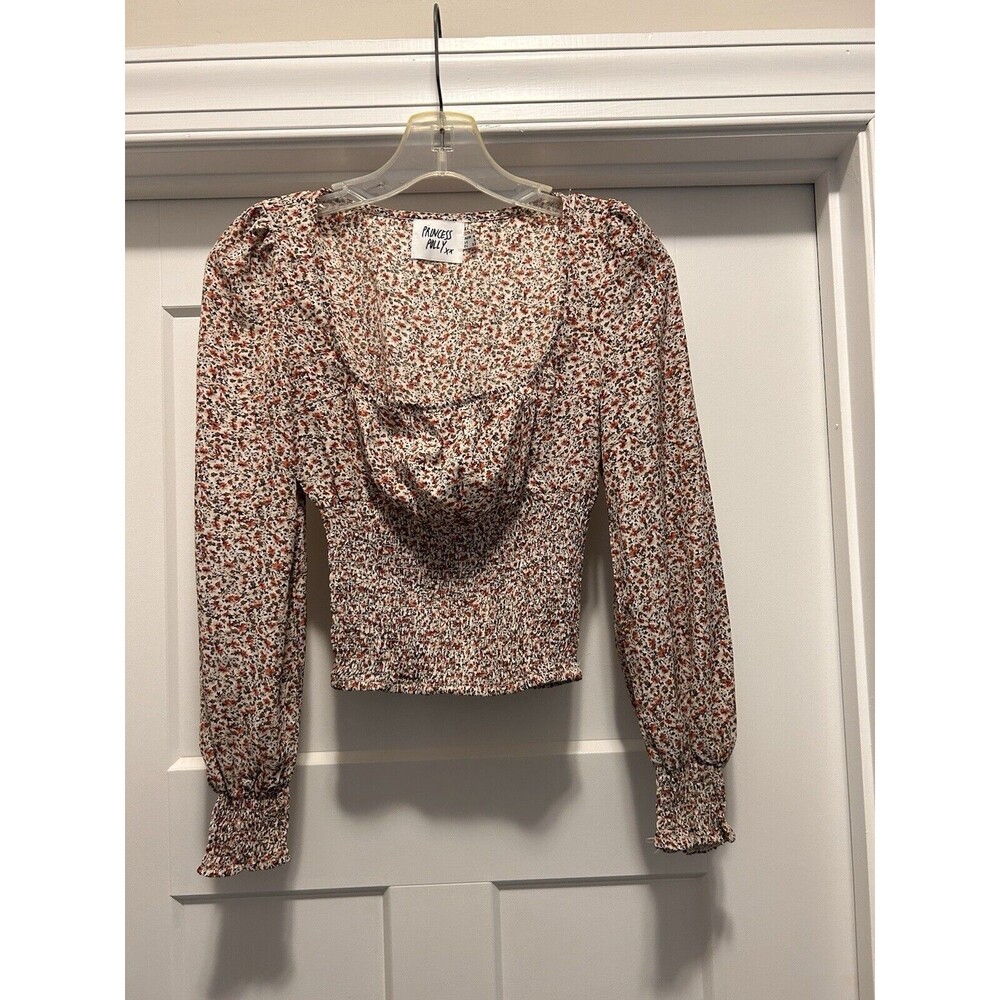 Princess Polly Long Sleeve Cuff Ditsy Floral Smocked Waist Crop Top Size 0